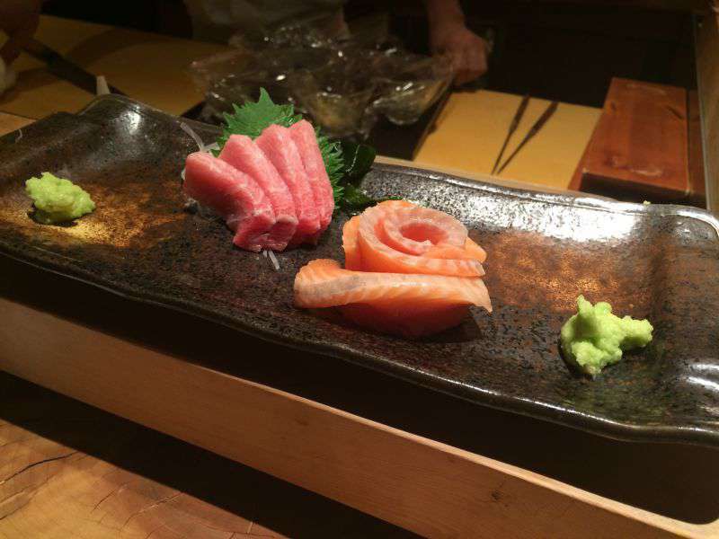 Photograph of Salmon and Tuna sushi at Gonpachi restaurant in Shibuya, Tokyo