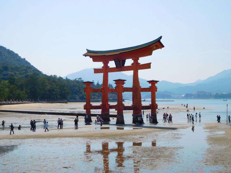 Photograph of The Torii (Gate) at the Itsukushima Shrine. At low tide you can walk right up to it