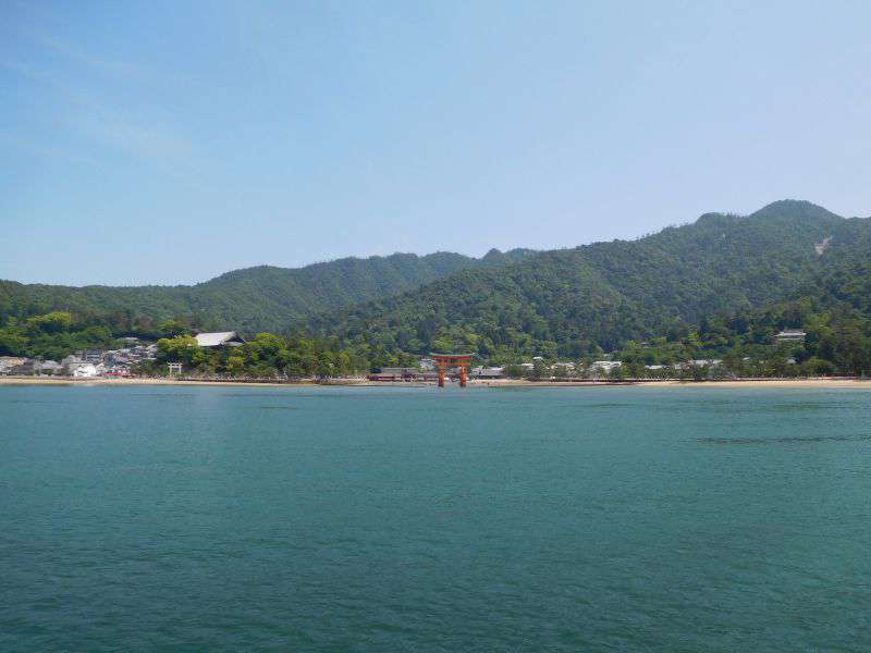 Photograph of The view of Miyajima and the Itsukushima Shrine from the ferry