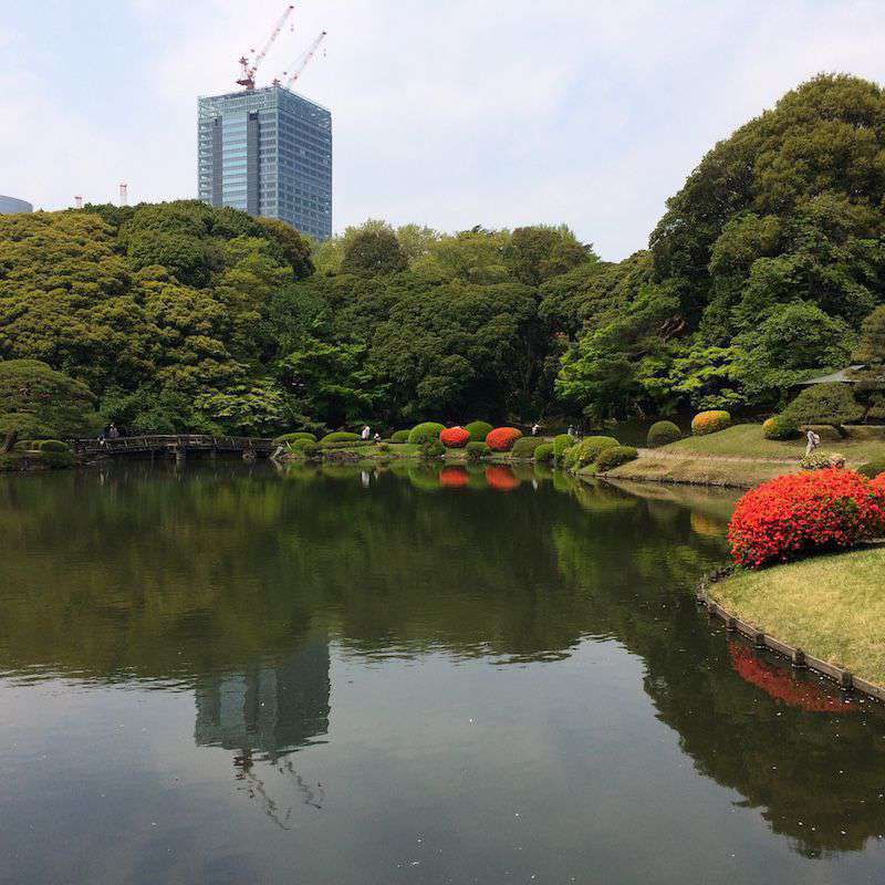 Photograph of View over the lake near the tea house. It's quiet and tranquil, but you are reminded of the urban landscape all around