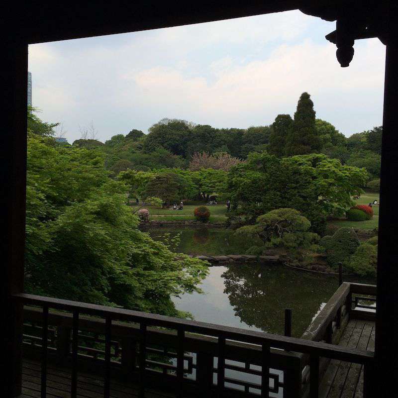 Photograph of View over the Japanese garden from the Kyu-Goryo-Tei